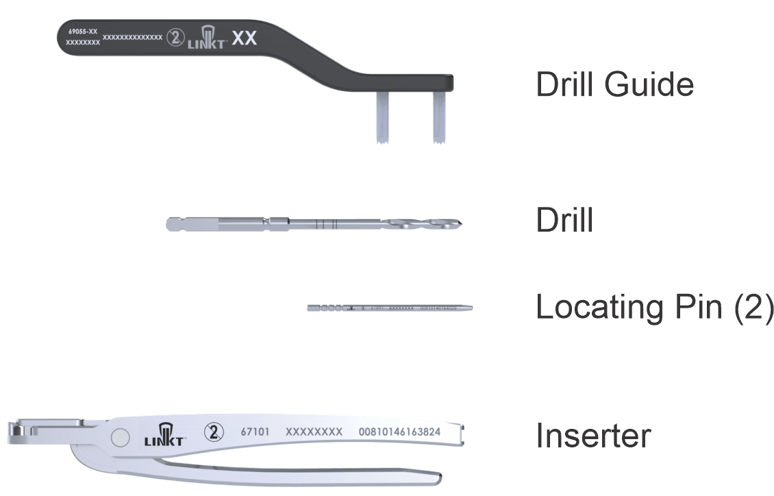 Trax LINKT&trade; deployment kit showing drill guide, drill, locating pins, and inserter tools for compression staple placement